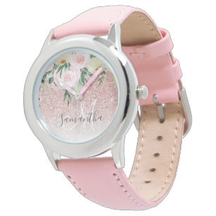Moderne roze glitter en bloemen met naam horloge