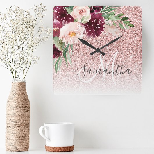 Moderne roze glitter en ventilator met naam vierkante klok