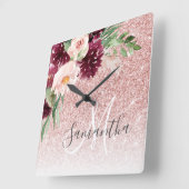 Moderne roze glitter en ventilator met naam vierkante klok (Hoek)