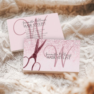 Moderne Roze Glitter Monogram Schaar Haar Stylist Visitekaartje