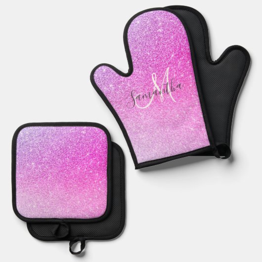 Moderne roze glitter Sparkles Persoonlijk Ovenwant & Pannenlap Set (Voorkant / Achterkant)