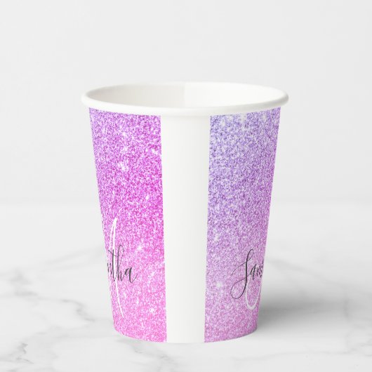 Moderne roze glitter Sparkles Persoonlijk Papieren Bekers (Links)