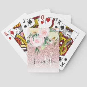 Moderne Roze Glitters & Bloemen Fonkel Met Naam Pokerkaarten