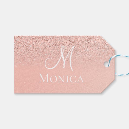 Moderne roze glitters glans monogram naam cadeaulabel (Voorkant (Horizontaal))
