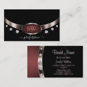 Moderne roze goud en zwart met monogram diamanten visitekaartje