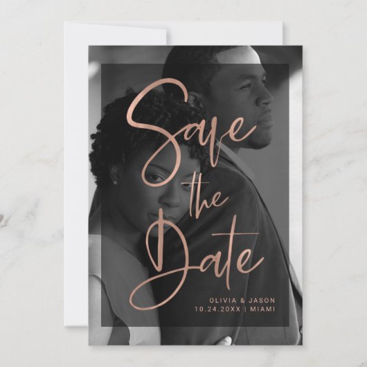 Moderne Roze Goud en Zwarte Overlay | Foto Save The Date (Voorkant)