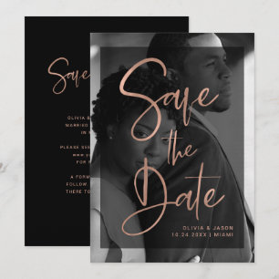 Moderne Roze Goud en Zwarte Overlay Foto Save The Date