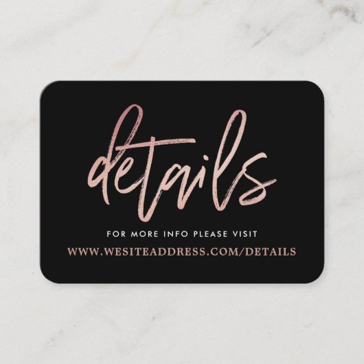 Moderne Roze Goud Folie Script Details Informatiekaartje (Voorkant)