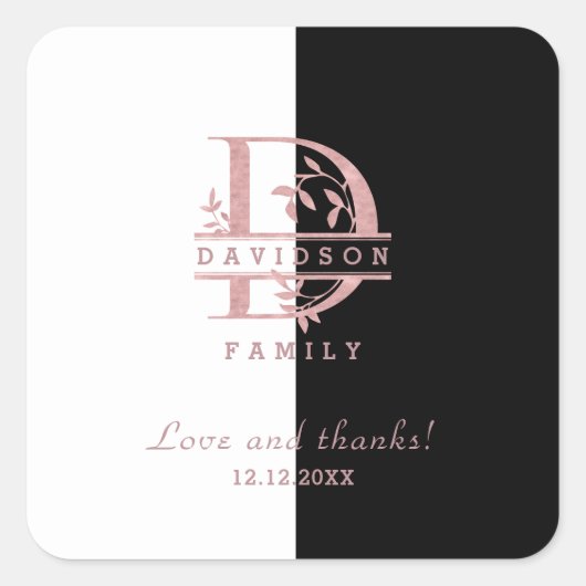 Moderne Roze Goud Gesplitste Aangepaste Monogram A Vierkante Sticker (Voorkant)