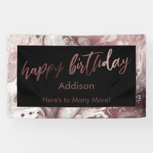 Moderne Roze Goud & Zwarte Marmer Verjaardag Spandoek