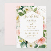Moderne Roze Gouden Bloem Waterverf Bewaar de Datu Save The Date (Voorkant / Achterkant)