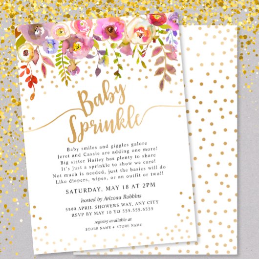 Moderne Roze Gouden Bloemen Baby Sprinkle Uitnodig Kaart