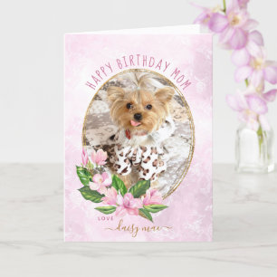 Moderne Roze Gouden Bloemenkrans Hond Foto Verjaar Kaart