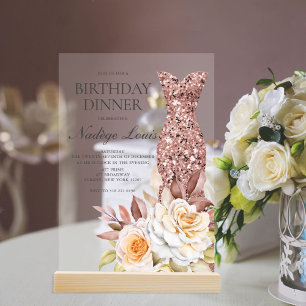 Moderne Roze Gouden Blush Bloemen Jurk Verjaardag Acryl Uitnodigingen