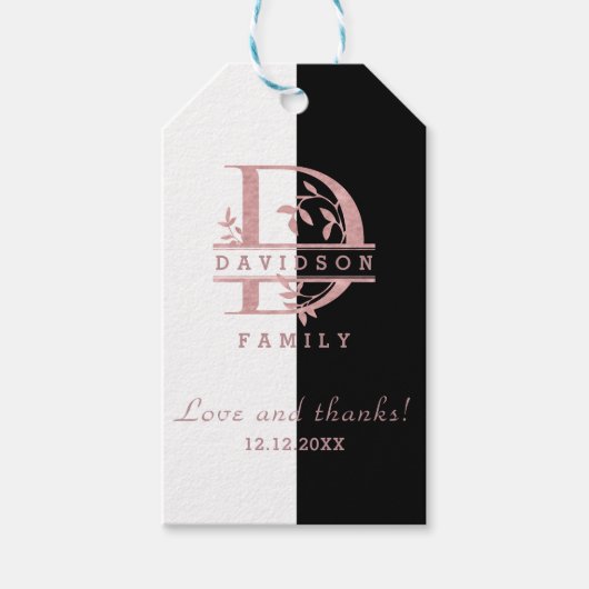 Moderne Roze Gouden Gesplitste Aangepaste Monogram Cadeaulabel (Voorkant)