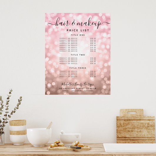 Moderne Roze Gouden Glitter Licht Salon Prijsmenu Poster (Keuken)