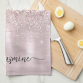 Moderne Roze Gouden Glitter Monogram Naam Script K Theedoek (Quarter Fold)
