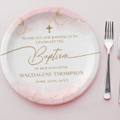 Moderne Roze Gouden Kruis Meisje Doop Papieren Bordje