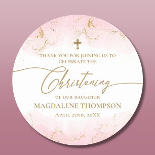 Moderne Roze Gouden Kruis Meisje Doop Ronde Sticker