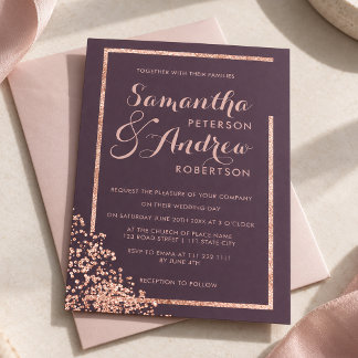 Moderne roze gouden lijst pruim confetti bruiloft kaart
