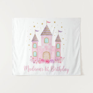 Moderne Roze Gouden Prinsessenkasteel Verjaardag Wandkleed