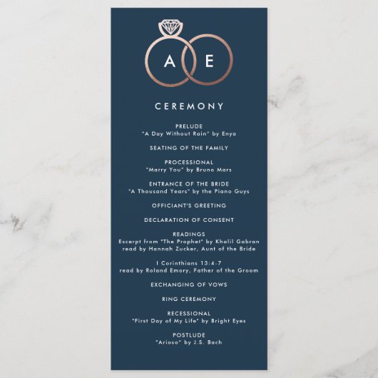 Moderne roze gouden ringen Navy blauwe huwelijkspr Programma (Voorkant)