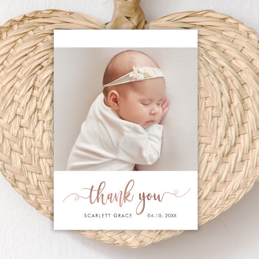 Moderne Roze Gouden Script Eenvoudige Baby Foto  Bedankkaart