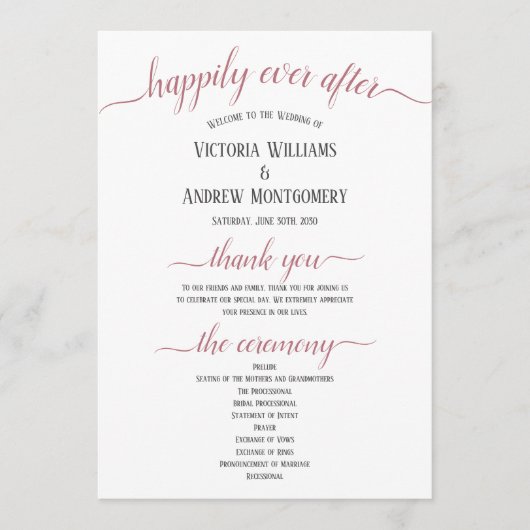 Moderne Roze Gouden Script Minimale Trouwceremonie Programma (Voorkant)