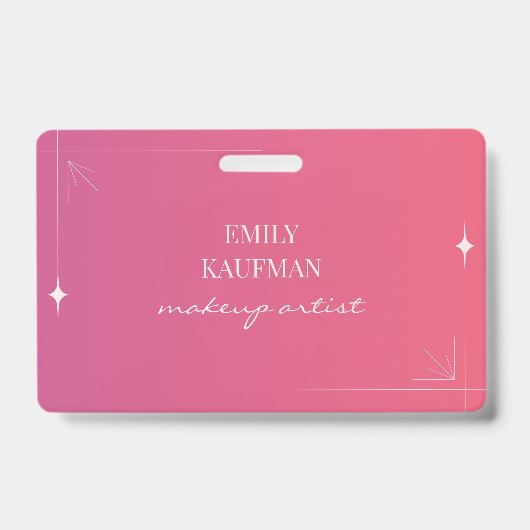 Moderne Roze Gradiënt Make-up Artiest Business Badge (Front)