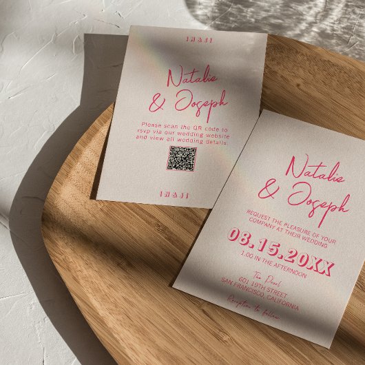 Moderne Roze grillige Bright QR Code Leuke bruilof Kaart