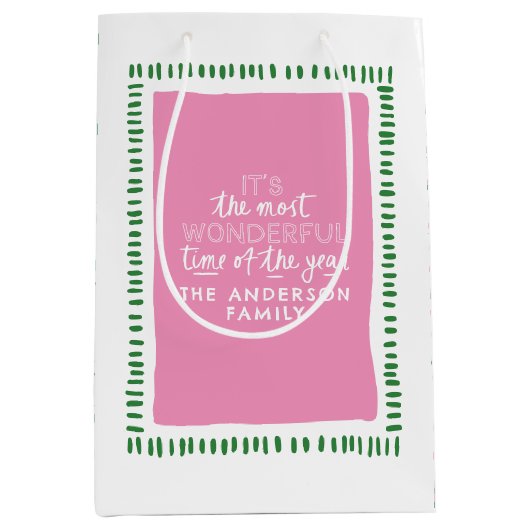 Moderne Roze & Groen Gepersonaliseerde Vakantie Gi Medium Cadeauzakje (Voorkant)