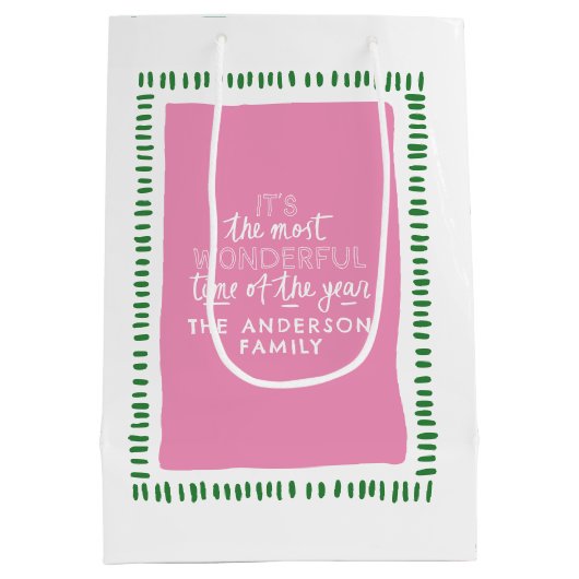 Moderne Roze & Groen Gepersonaliseerde Vakantie Gi Medium Cadeauzakje (Achterkant)
