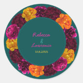 Moderne roze groene gele bloemmotieven ronde sticker (Voorkant)