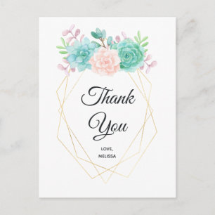 Moderne Roze & Groene Succulent Waterverf Bedankt Briefkaart