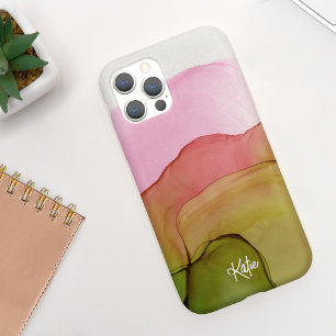 Moderne Roze Groene Waterverf met naam iPhone 11 Hoesje
