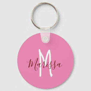 Moderne roze handgeschreven naam & monogram sleutelhanger