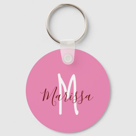Moderne roze handgeschreven naam & monogram sleutelhanger (Voorkant)