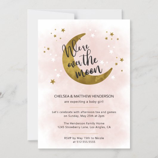 Moderne roze kalligrafie boven het maan Baby showe Magnetische Uitnodiging (Voorkant)