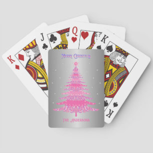 Moderne Roze Kerstboom Aangepaste Naam Zilveren Fo Pokerkaarten