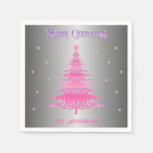 Moderne Roze Kerstboom Aangepaste Naam Zilveren Fo Servet