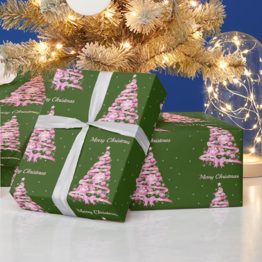 Moderne Roze Kerstboom Groen Cadeaupapier (Feestdagen)