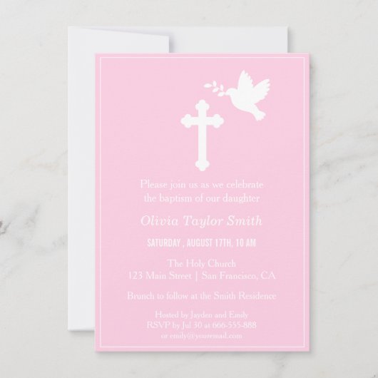 Moderne Roze Kruis en Dove Doop Uitnodigingen (Voorkant)