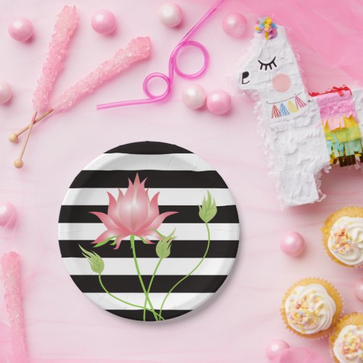 Moderne roze Lotus Floral Stripes Papieren Bordje (Feest)