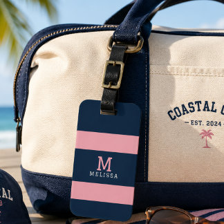 Moderne Roze Marine Kuststreep Monogram Bagagelabel