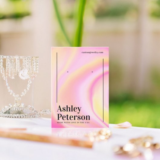 Moderne roze marmeren regenboog script oorbel disp visitekaartje