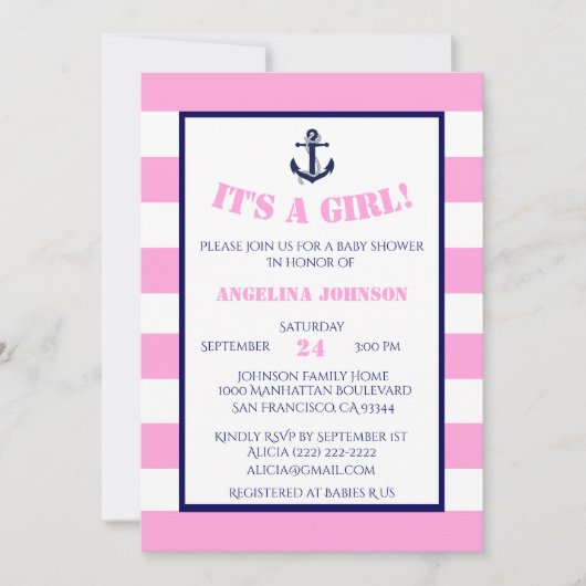 Moderne Roze Meisje Nautische Baby Douche Uitnodig Kaart (Voorkant)