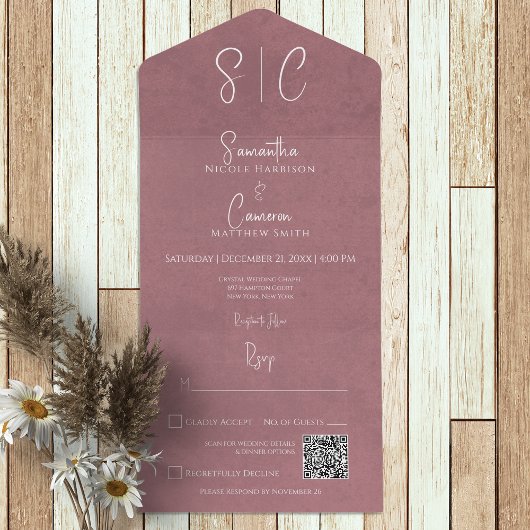 Moderne roze minimale monogram QR-code All In One Uitnodiging