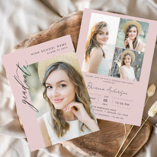 Moderne roze minimalistische foto afstudeerfeest kaart