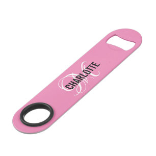 Moderne roze monogramme naambalk speed flessenopener