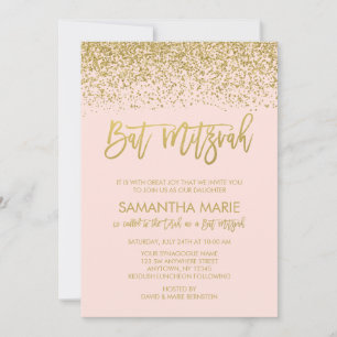 Moderne Roze Nep Goud Glitter Bat Mitzvah Kaart